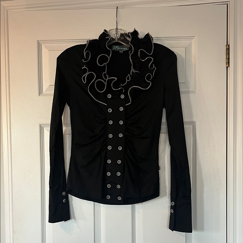 Sold - Black Button-Up Blouse with Ruffled Collar - Picture 1 of 3